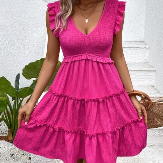 V-neck Ruffle Solid Midi Dress